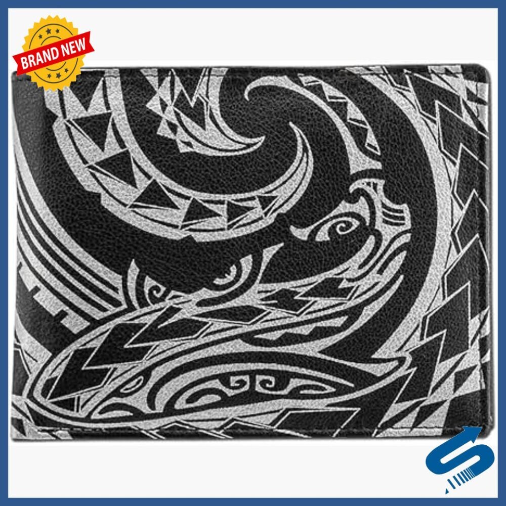 Genuine Leather Flip ID Bifold Wallet with Shark Tattoo Art
